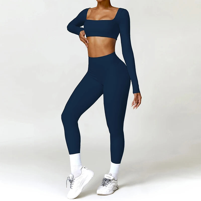 2-Piece Yoga Set – Long Sleeve Sports Top & High-Waist Leggings