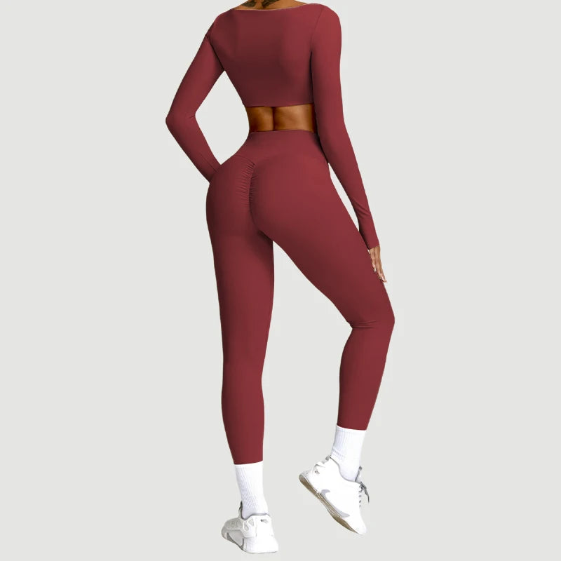 2-Piece Yoga Set – Long Sleeve Sports Top & High-Waist Leggings