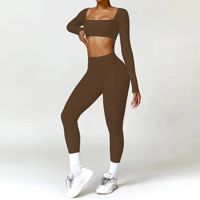 2-Piece Yoga Set – Long Sleeve Sports Top & High-Waist Leggings