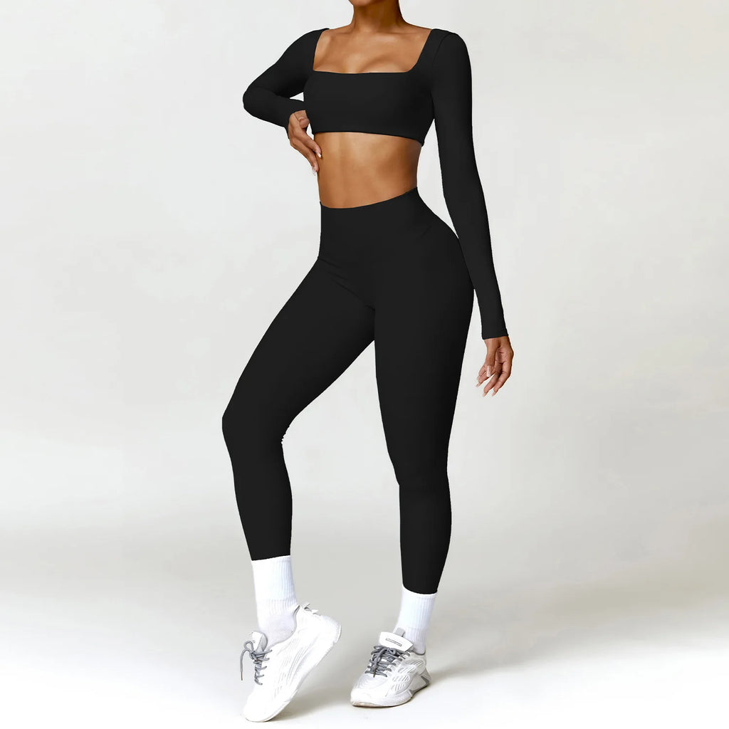 2-Piece Yoga Set – Long Sleeve Sports Top & High-Waist Leggings