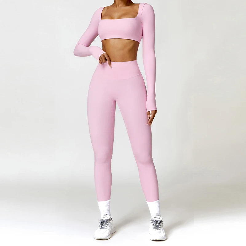 2-Piece Yoga Set – Long Sleeve Sports Top & High-Waist Leggings