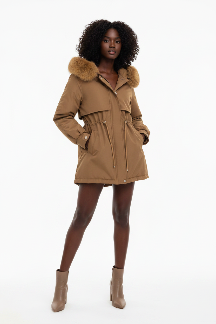 Femme noire portant le manteau marron avec col en fourrure